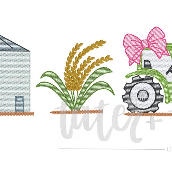 Silo, Rice, Tractor with Bow Machine Embroidery Design file digital download size 5x7, 8x8 Sketch, Quick Stitch