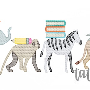 May include: An embroidered design of a line of animals carrying school supplies. An elephant carries a bottle of glue, a monkey carries a pencil, a zebra carries a stack of books, and a lion carries a pair of scissors. The design includes the text "tater + tots designs".