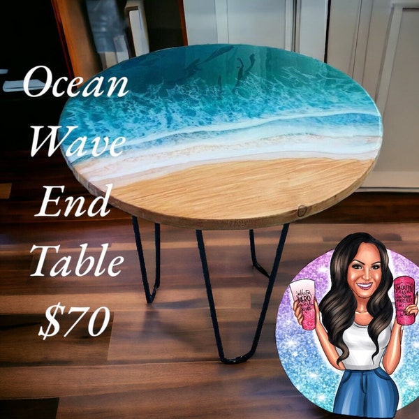 Ocean waves side table. Round wood living room and patio beach theme table. Eco friendly epoxy resin. Solid oak table top.