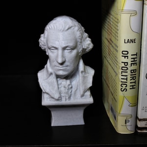 May include: A white marble bust of a man with a short, curly wig. The bust is on a white pedestal. The bust is in front of a bookshelf with two books. The book on the left has the title "The Birth of Politics" by Lane. The book on the right has the title "SPQR" by Mary Beard.