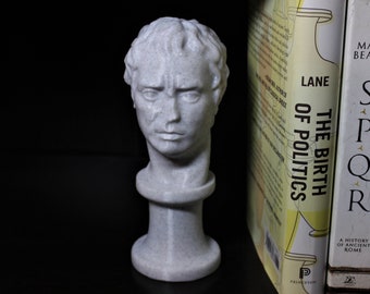 May include: A white marble bust of a man with short hair. The bust is on a pedestal and is sitting on a dark surface. The bust is next to two books, one titled "The Birth of Politics" and the other titled "SPQR: A History of Ancient Rome".