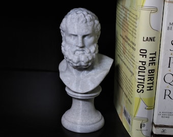 May include: A white marble bust of a man with a beard. The bust is on a pedestal and is sitting on a shelf next to two books. The book on the left has the title "The Birth of Politics" and the book on the right has the title "SPQR: A History of Ancient Rome".