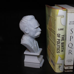 Puede incluir: Un busto de escultura blanca de un hombre con bigote, sobre un pedestal blanco. El busto est&aacute; colocado en una estanter&iacute;a junto a dos libros. El libro de la izquierda tiene el t&iacute;tulo "The Birth of Politics" de Lane, y el libro de la derecha tiene el t&iacute;tulo "SPQR" de Mary Beard.