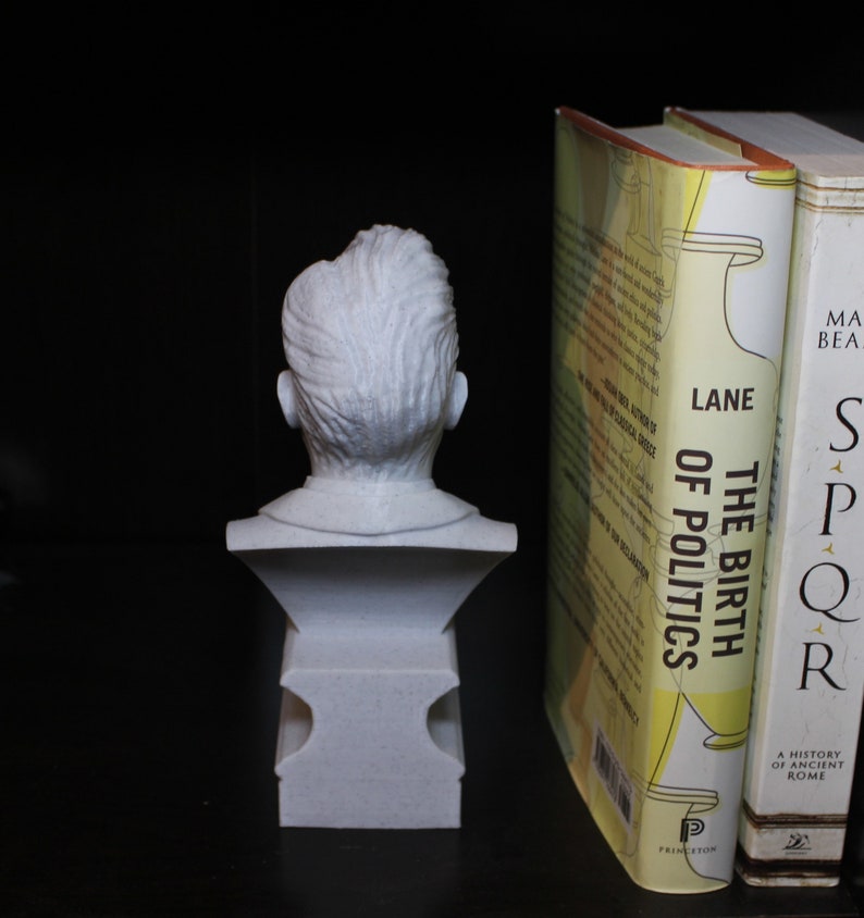 Puede incluir: Busto de yeso blanco de una persona con el pelo corto y ondulado. El busto est&aacute; sobre un pedestal blanco. El busto est&aacute; delante de una estanter&iacute;a con dos libros. El libro de la izquierda tiene el t&iacute;tulo "The Birth of Politics" y el libro de la derecha tiene el t&iacute;tulo "SPQR: A History of Ancient Rome".