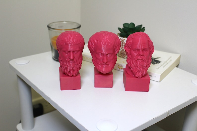 Puede incluir: Tres bustos de fil&oacute;sofos famosos impresos en 3D de color rosa. Los bustos est&aacute;n sobre una mesa blanca con un libro y una planta en el fondo.