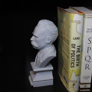 Puede incluir: Un busto de yeso blanco de un hombre con bigote, sobre un pedestal blanco. El busto se utiliza como sujetalibros para dos libros. El libro de la izquierda se titula "The Birth of Politics" de Lane.