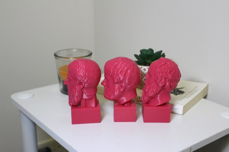Puede incluir: Tres bustos de hombres con barba impresos en 3D de color rosa. Los bustos est&aacute;n dispuestos en fila sobre una superficie blanca.