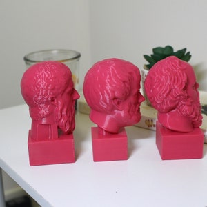 Puede incluir: Tres bustos de hombres barbudos impresos en 3D de color rosa. Los bustos est&aacute;n sobre peque&ntilde;as bases cuadradas.