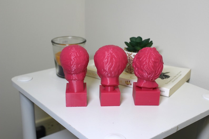 Puede incluir: Tres bustos de personas con pelo corto, impresos en 3D en color rosa, que se encuentran sobre peque&ntilde;as bases cuadradas. Los bustos est&aacute;n dispuestos en fila sobre una superficie blanca.