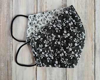 Black & White Flower Face Mask / Reversible / Reusable / 100% Cotton