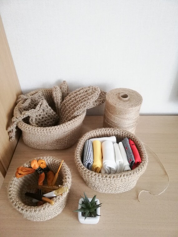 Small Jute Basket, Bathroom and Kitchen Storage Basket, Crochet Jute Basket,  Home Organizer 