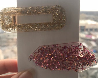 Gold and Pink Glitter Hair Clips- set of 2