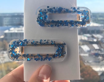 Clear and blue glitter flakes hair clips~set of 2