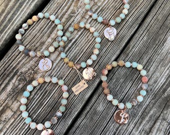 Handmade Matte Amazonite Bracelet: Rose Gold & Silver Initial Charm gemstone jewelry