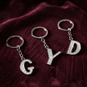 Personalized Rhinestone Keychain, Silver Letter Monogram Keyring, Initial key ring