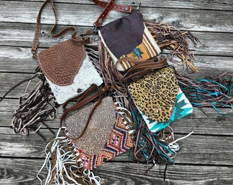 Hand-Tooled Leather Crossbody Bag: Genuine Cowhide Fringe Purse, western style