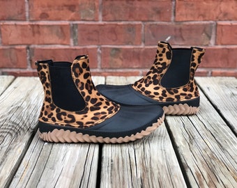 Personalized Duck Boots, Leopard Print Slip-On Rain Boots