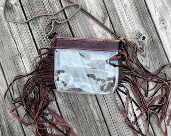 Stadium Clear Bag, Plastic Leather Trim with Tooled Detail and Fringe
