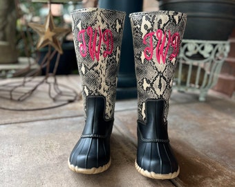 Tall boots, SNAKE SKIN Duck Boots, Mid Calf Animal Print Duck Boots ,Rain Boot, Boat-Shoes, winter boots, fall boots monogram boots