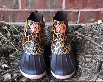 BROWN Monogrammed  Duck Boot Cheetah, Duck Boots, Rain Boot, Boat-Shoe Style, Shoes Two Tone, ankle boot