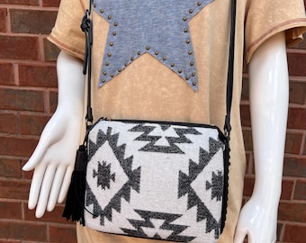 Aztec Crossbody bag, Whipstitch Detail Tassel, personalized purse