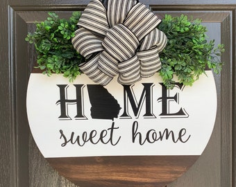 Home State Sign, Home Sweet Home Door Hanger, Home Sweet Home Wreath, Customized Wood Sign, Welcome Door Wreath, Mothers Day Gift For Mom