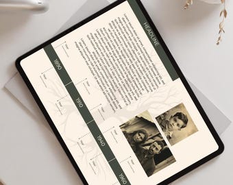 Invulbaar sjabloon voor een genealogische tijdlijn (PDF), planner voor familiegeschiedenis, afdrukbare tracker voor voorouderonderzoek, stamboomnotitieboek, groenbeige