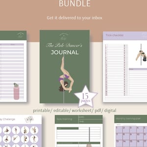 May include: A printable planner bundle featuring a 15-page digital journal for pole dancers. The set includes a cover titled The Pole Dancer's Journal, a trick checklist, a monthly training plan, a solo training worksheet, and a challenge page.