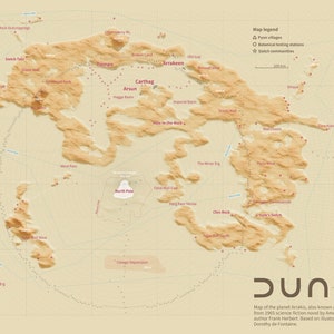 Mapa de dunas. Mapa de terreno 3D de Arrakis. Pôster de dunas A2 Landscape, pôster de Arrakis 2021