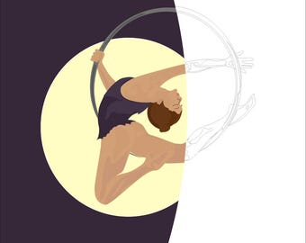 Lyra aerea da colorare. Pagina da colorare scaricabile digitalmente. Pagina da colorare del circo, cerchio aereo, Lyra aerea, trapezista, trapezista di Capodanno.