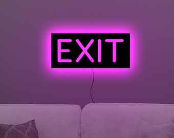 Letrero de neón de salida, letrero luminoso de salida, letrero LED de salida, letrero de pared de salida, letrero de madera de salida iluminado, letrero de neón de salida personalizado, letrero de pared decorativo de salida