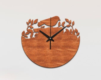 Birds family clock, Bird on tree wall clock, Modern wall clock, Nature wall clock, Wood wall clock, Wall clock unique, Wood bird wall decor