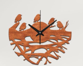 Wooden wall clock birds on tree, Birds wall clock, Birds nest clock, Wall clock unique large, Nature wall clock, Decorative wall clock