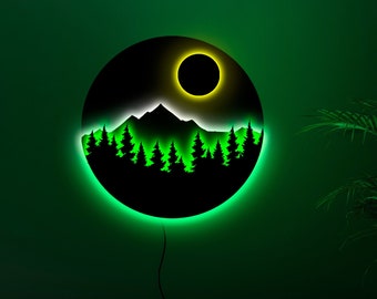 Arte murale in legno di montagna con LED, insegna al neon di montagna, insegna a LED di montagna, luce a LED di montagna, luce notturna di montagna, luce al neon di montagna