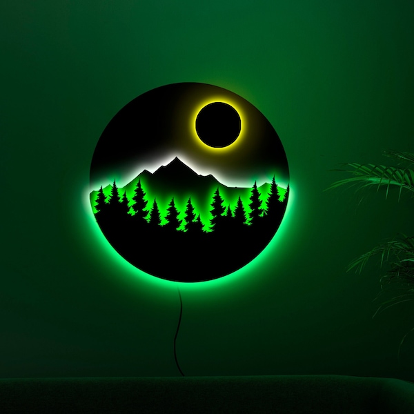 Arte de pared de madera de montaña con LED, letrero de neón de montaña, letrero LED de montaña, luz LED de montaña, luz de noche de montaña, luz de neón de montaña