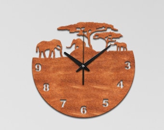 Africa wall clock, Nature wall clock, African wall clock, Safari wall clock,  Elephant wall clock, Animals clock, Wood wall clock