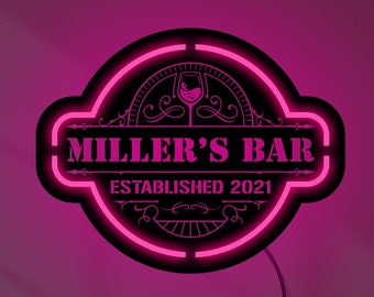 May include: A black and white neon sign with a pink glow. The sign says "Miller's Bar Established 2021" with a wine glass icon.