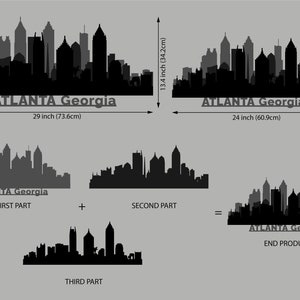 May include: Black silhouette of the Atlanta, Georgia skyline, with the city name below. The image shows the skyline in three parts, with the final product measuring 73.6cm wide and 34.2cm high. The end product is 60.9cm wide and 28.3cm high.