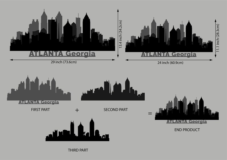 May include: Black silhouette of the Atlanta, Georgia skyline, with the city name below. The image shows the skyline in three parts, with the final product measuring 73.6cm wide and 34.2cm high. The end product is 60.9cm wide and 28.3cm high.