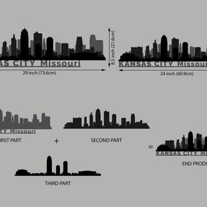 May include: A black and white silhouette of the Kansas City skyline, divided into three parts. The first part is 29 inches wide, the second part is 24 inches wide, and the third part is 8.5 inches tall. The three parts can be combined to create a complete skyline.