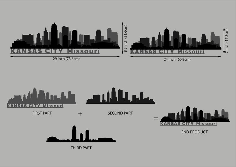 May include: A black and white silhouette of the Kansas City skyline, divided into three parts. The first part is 29 inches wide, the second part is 24 inches wide, and the third part is 8.5 inches tall. The three parts can be combined to create a complete skyline.