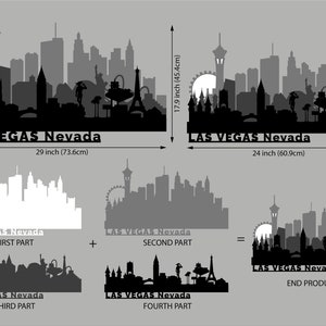 May include: A black and white silhouette of the Las Vegas skyline, featuring iconic landmarks such as the Eiffel Tower, the High Roller, and the Stratosphere. The image is divided into four sections, demonstrating how to assemble the silhouette. The text "LAS VEGAS Nevada" appears at the bottom of each section.