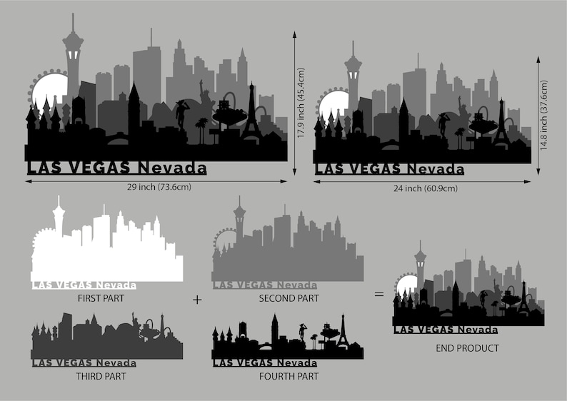 May include: A black and white silhouette of the Las Vegas skyline, featuring iconic landmarks such as the Eiffel Tower, the High Roller, and the Stratosphere. The image is divided into four sections, demonstrating how to assemble the silhouette. The text "LAS VEGAS Nevada" appears at the bottom of each section.