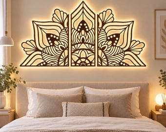 Mandala LED Headboard, Wooden Light Up Headboard, Boho Bed Headboard, Mandala Wall Decor, LED Bedroom Wall Art, Bohemian Bedroom Decor