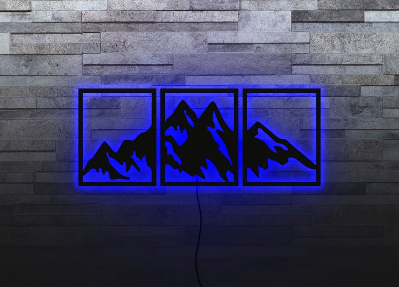 Mountain Wood Wall Art, Set Of 3 Geometric Mountain Panels, Circle Wood