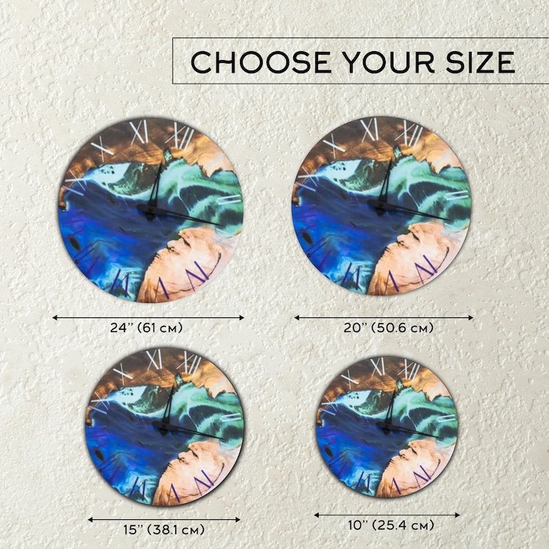 May include: Four round clocks with different sizes, showing a blue, green, and brown abstract design. The clocks are 24 inches, 20 inches, 15 inches, and 10 inches in diameter.