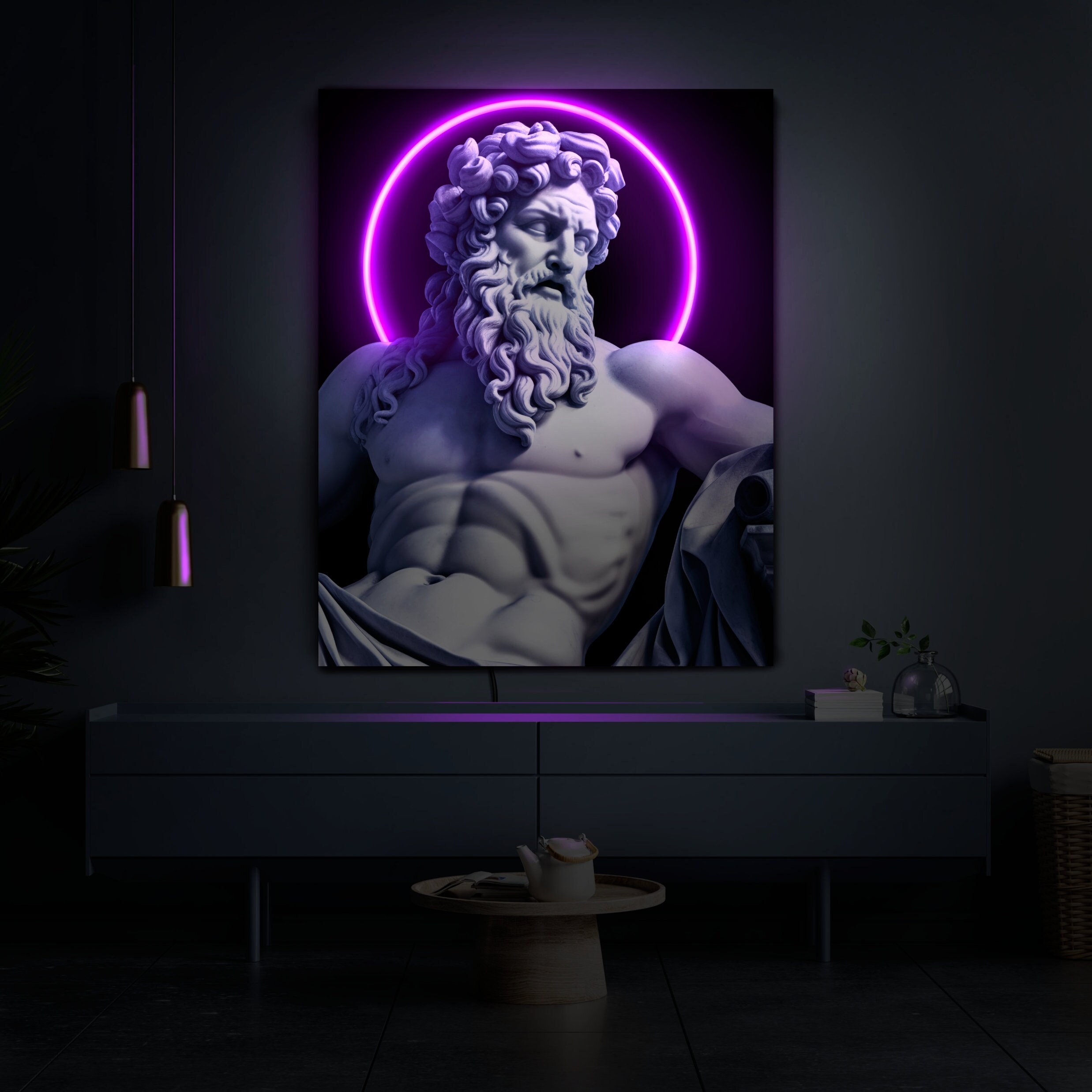 GODLIKE GENIUS ポスターデザイン Statue Neon Sign, Greek God Sign, Zeus Neon Sign, Modern Painting