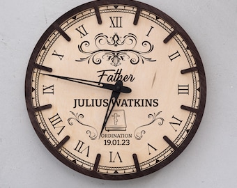 Personalized clock gift, Priest ordination clock, Pastor retirement gift, Roman Catholic clock, Custom Engraved wall clock