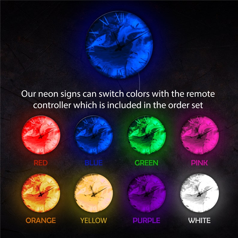May include: A clock with a marble-like design in a variety of colors, including red, blue, green, pink, orange, yellow, purple, and white. The clock has Roman numerals and a black hand. The text "Our neon signs can switch colors with the remote controller which is included in the order set" is displayed below the clock.