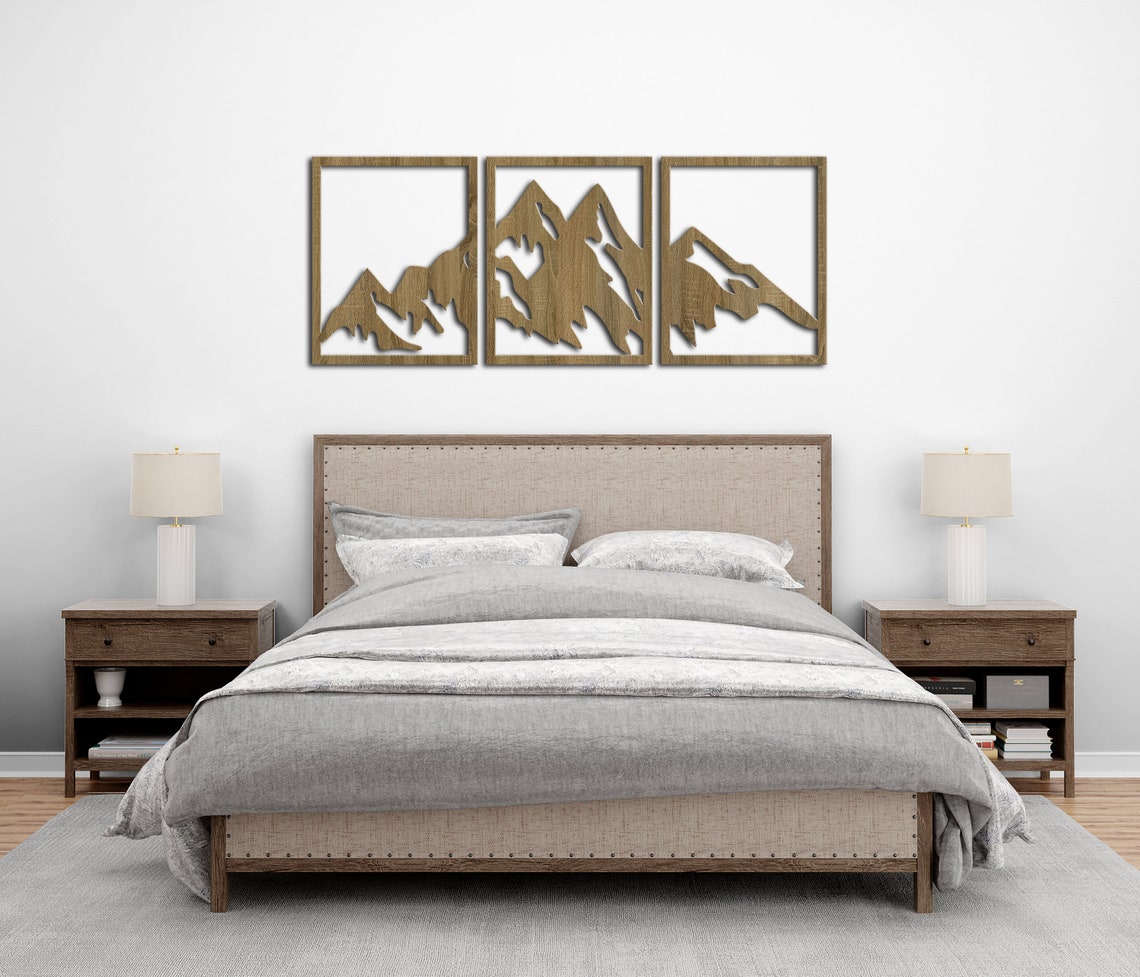 Mountain Wood Wall Art Set Wood Mountain Decor Wooden Etsy